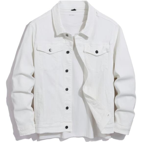 Denim Jacket Men, Stretch Slim Fit Jean Jacket, White - Picture 1 of 6